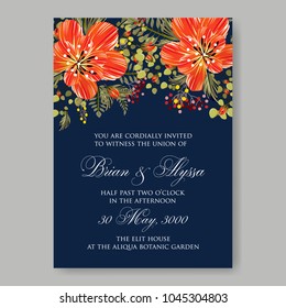 Wedding invitation orange anemone floral vector printable template card