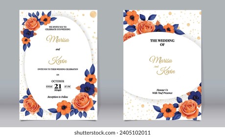 Wedding invitation with orange flowers and blue leaves style