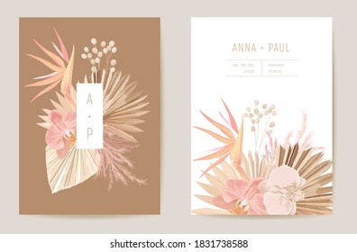 Wedding invitation orchid flowers, dry tropical palm leaves card, dried pampas grass watercolor template vector. Botanical Save the Date foliage cover, modern poster, trendy design, luxury background