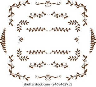 wedding invitation ornaments with a minimalist aesthetic and simple concept, Set of ornament brush patterns, borders, ribbons or dividers. Wild flower, herb, weed, branch, leaf, reed, acorn.