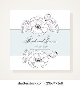 Wedding invitation with outline poppies. Event floral card
