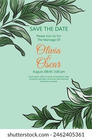 wedding invitation with outline style images of plants and flowers