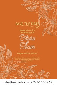 wedding invitation with outline style images of plants and flowers