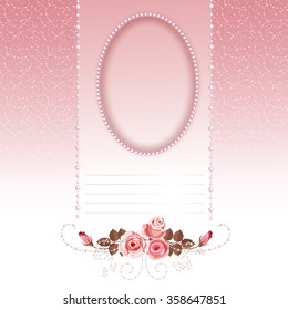 Wedding invitation with an oval frame for text or picture. At the bottom are pink roses.