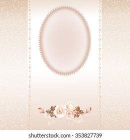 Wedding invitation with an oval frame for your text or picture. At the bottom are cream-colored roses.