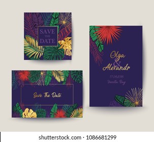 	
Wedding invitation with palm and exotic leaves. Menu,  rsvp,  thank you card, cover design template.  