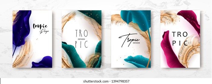 Wedding invitation with palm leaves, feathers, gold, marble template, artistic covers design, colorful texture, modern backgrounds.Trendy pattern, graphic brochure. Luxury Vector illustration