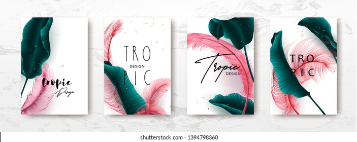 Wedding invitation with palm leaves, feathers, gold, marble template, artistic covers design, colorful texture, modern backgrounds.Trendy pattern, graphic brochure. Luxury Vector illustration