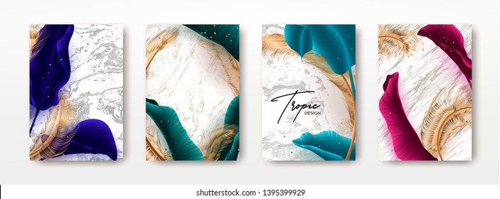 Wedding invitation with palm leaves, feathers, gold, marble template, artistic covers design, colorful texture, modern backgrounds.Trendy pattern, graphic brochure. Luxury Vector illustration