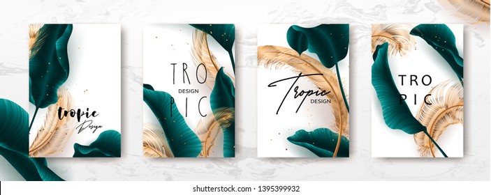 Wedding invitation with palm leaves, feathers, gold, marble template, artistic covers design, colorful texture, modern backgrounds.Trendy pattern, graphic brochure. Luxury Vector illustration
