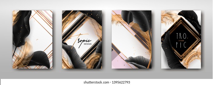 Wedding invitation with palm leaves, feathers, gold, marble template, artistic covers design, colorful texture, modern backgrounds.Trendy pattern, graphic brochure. Luxury Vector illustration