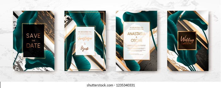 Wedding invitation with palm leaves, gold, black, white marble template, artistic covers design, colorful texture, modern backgrounds.Trendy pattern, graphic gold brochure.Luxury Vector illustration