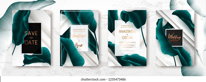 Convite de casamento com folhas de palmeira, ouro, preto, modelo de mármore branco, design de capas artísticas, textura colorida, fundos modernos.Padrão moderno, folheto de ouro gráfico. Ilustração Vector de luxo