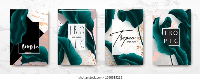 Wedding invitation with palm leaves, gold, black, white marble template, artistic covers design, colorful texture, modern backgrounds.Trendy pattern, graphic gold brochure.Luxury Vector illustration