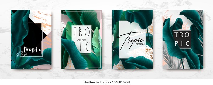 Wedding invitation with palm leaves, gold, black, white marble template, artistic covers design, colorful texture, modern backgrounds.Trendy pattern, graphic gold brochure.Luxury Vector illustration