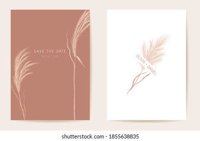 Wedding invitation pampas grass boho card. Autumn watercolor template vector. Botanical Save the Date golden foliage modern poster, trendy design, luxury background, minimal illustration