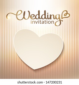 wedding invitation with paper heart and gold background