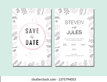 Wedding invitation, party, celebration, floral decoration, groom and bride, vector