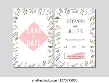 Wedding invitation, party, celebration, floral decoration, groom and bride, vector