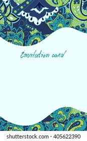 Wedding invitation in pastel east Islam, Arabic, Indian, turkish, pakistan, chinese, ottoman motifs. Paisley floral cards, oriental pattern, vector illustration. Yoga center. Vintage design elements.