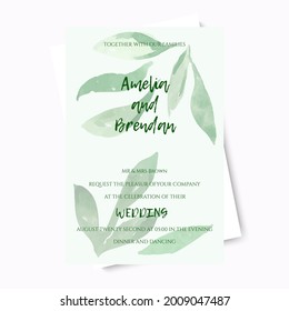 Wedding invitation in pastel green colors. Leaves in pastel greens. Vector illustration of a template for printing on a wedding, poster. 