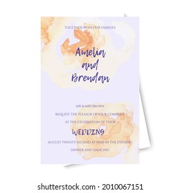 Wedding invitation in pastel purple and yellow colors. Delicate rose flowers. Vector illustration of a template for printing on a wedding, poster. 