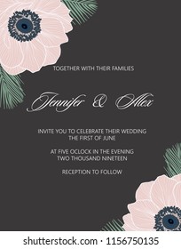 Wedding invitation pattern with anemones and palm tree leaves on black background vector.