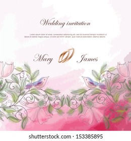 wedding invitation with a pattern from branches, leaves, flowers and birds.