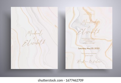 Patrón de invitación de boda con olas y remolinos. Tarjetas vectoras con diseño de mármol. Plantilla elegante con espacio para el texto. Colores beige y blanco con desbordamiento