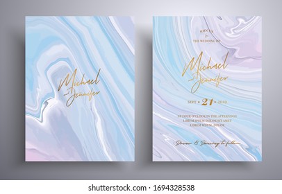 Wedding invitation pattern with waves and swirl. Vector cards with marble design. Elegant template with space for your text. Blue, pink and white overflowing colors