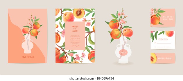 Wedding invitation peach vector card. Vintage botanical Save the Date set. Design template of fruits, flowers and leaves, blossom illustration. Exotic trendy cover, pastel graphic poster, brochure