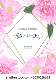 Wedding invitation with peonies, invite save the date, floral card. Vector illustration. Template for wedding, Easter, celebration