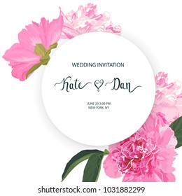Wedding invitation with peonies, invite save the date, party, business, birthday, floral card. Vector illustration. Template for wedding, Easter, celebration, poster, flyer