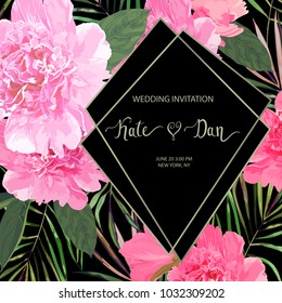 Wedding invitation with peonies, invite save the date, floral card. Vector illustration. Template for wedding, Easter, celebration