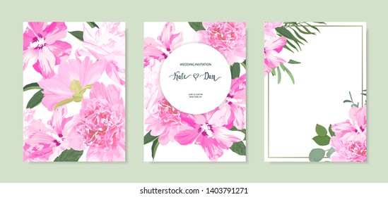 Wedding invitation with peonies, invite save the date, floral card. Vector illustration. Template for wedding, Easter, celebration. Watercolor style