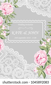 wedding invitation with peonies and lace, vector illustration. Wedding Invitation, floral invite thank you, rsvp modern card Design. delicate pink peonies in a white lace
