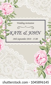 wedding invitation with peonies and lace, vector illustration