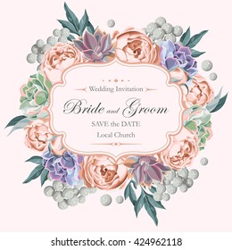 Wedding invitation with peony roses and succulents