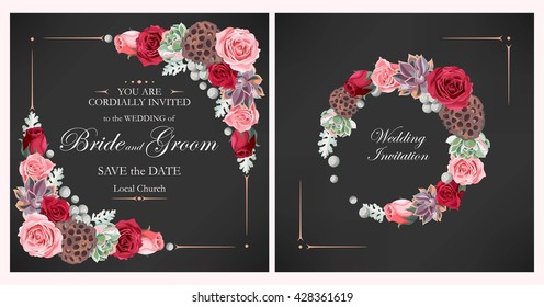 Wedding invitation with peony roses and succulents