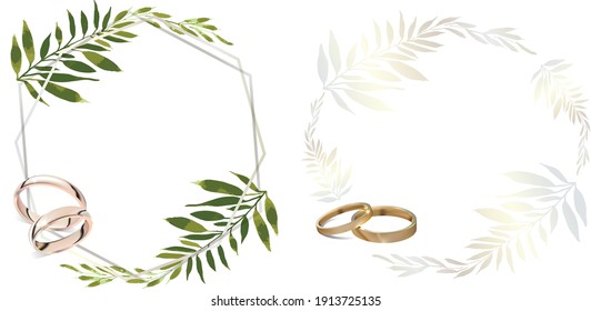 Wedding Invitation With Picture Of Wedding Rings And Green Olive Branch On White Background