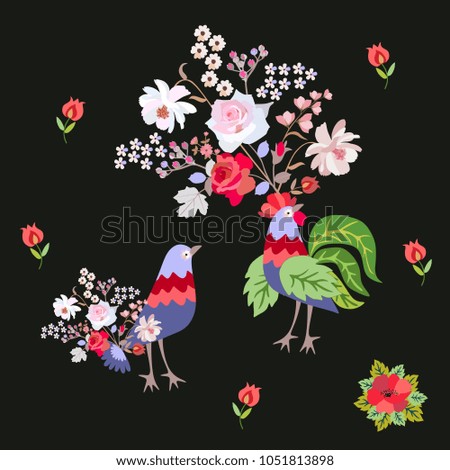 Wedding invitation, pillowcase or endless print for fabric with romantic couple of fantasy birds with bouquets of garden flowers islated on black background in vector. Valentine's day.