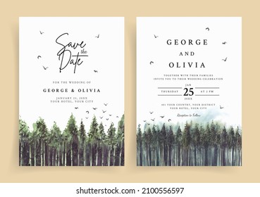 Wedding invitation of pine tree forest watercolor