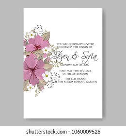 Wedding invitation pink anemone vector template floral background