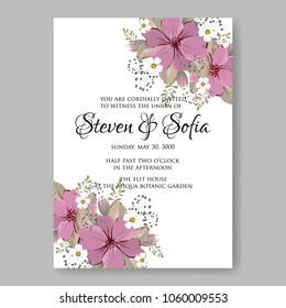 Wedding invitation pink anemone vector template floral background