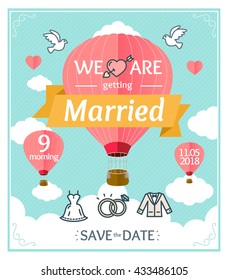 Wedding Invitation with Pink Balloon. Vector illustration