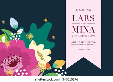 Wedding Invitation with pink banner on dark blue background. Vector and illustration design.