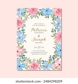 wedding invitation with pink blue floral watercolor frame