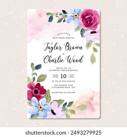 invitación de boda con marco de acuarela floral azul rosa