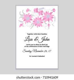 Wedding invitation with pink daisy flowers. Bridal Shower Invitation floral template vector card