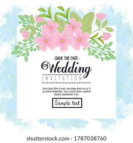 Wedding invitation with pink flowers and leaves design, Save the date and engagement theme Vector illustration